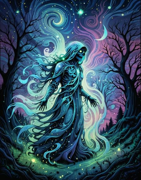 zavy-fltlnpnt, painting, landscape of a Peaceful Ghostveil Glade of the Wraith Spirits, Stars in the sky, Romantic, Kinetic Pointillism, Electic Colors, ambient illumination, enchanted, intricate detail, cinematic atmosphere, very coherent, highly decorated