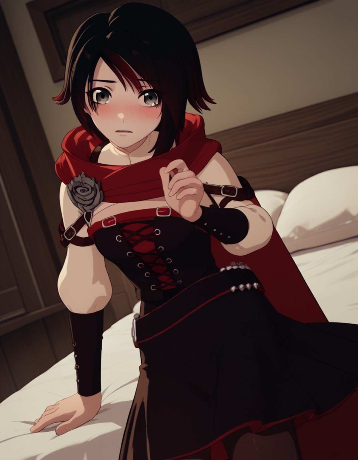 score_9, score_8_up, score_7_up, source_anime, <lora:ruby-rose-ponyxl-lora-nochekaiser:1>, ruby rose, short hair, black hair, red hair, grey eyes,, dress, pantyhose, cape, corset, belt,, indoors, bed, bed room, on side, blush, drunk, looking at viewer, solo, cowboy shot, dutch angle