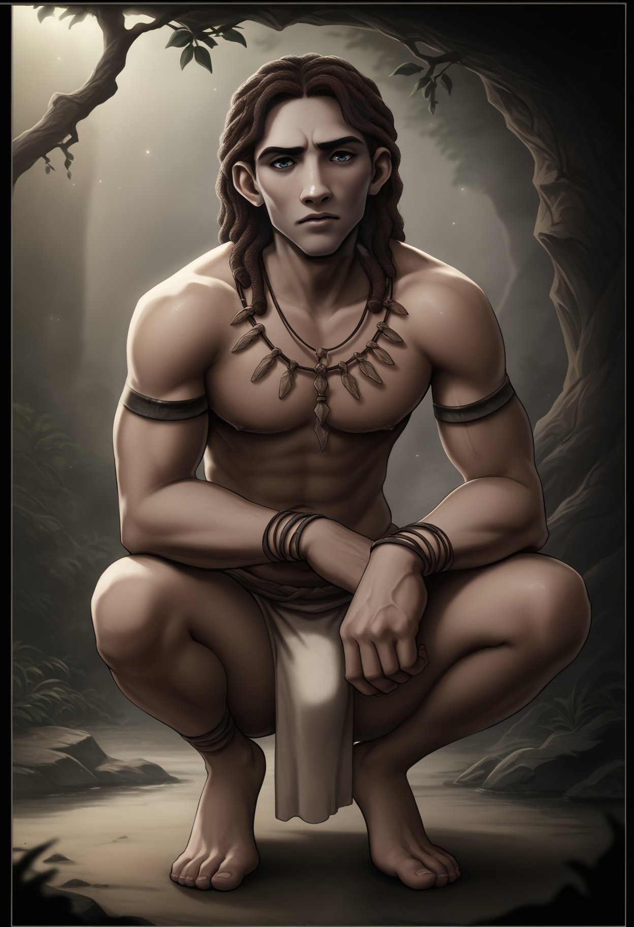 score_9, score_8_up, score_7_up, score_6_up, score_5_up, score_4_up, source_cartoon,  <lora:dwart_epoch_3:1> d_kaw_art, 1boy, side view, male Tarzan, small loincloth, squatting, looking at viewer, (dreadlocks:0.3)