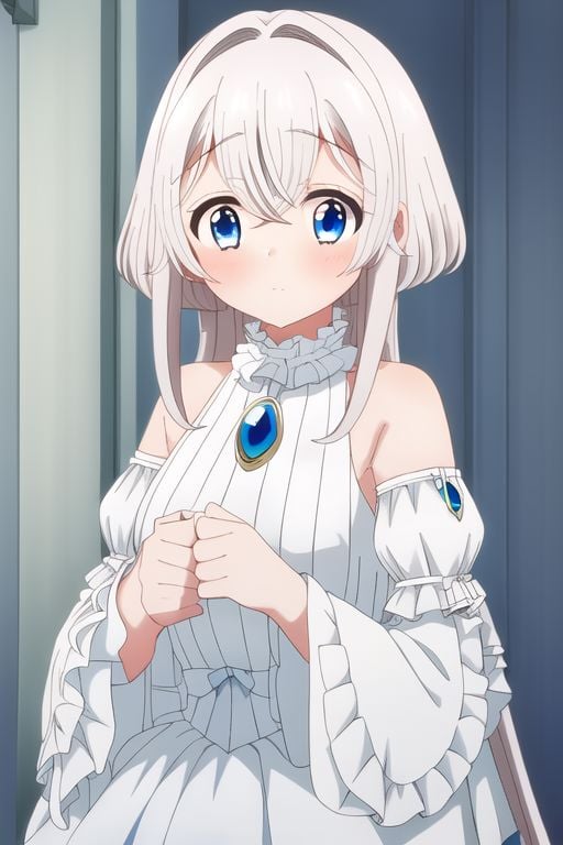 towa, 1girl, solo, blue eyes, dress, long hair, white dress, blush, hair between eyes, upper body, holding, jewelry, bare shoulders, gem, looking at viewer, frills, wide sleeves