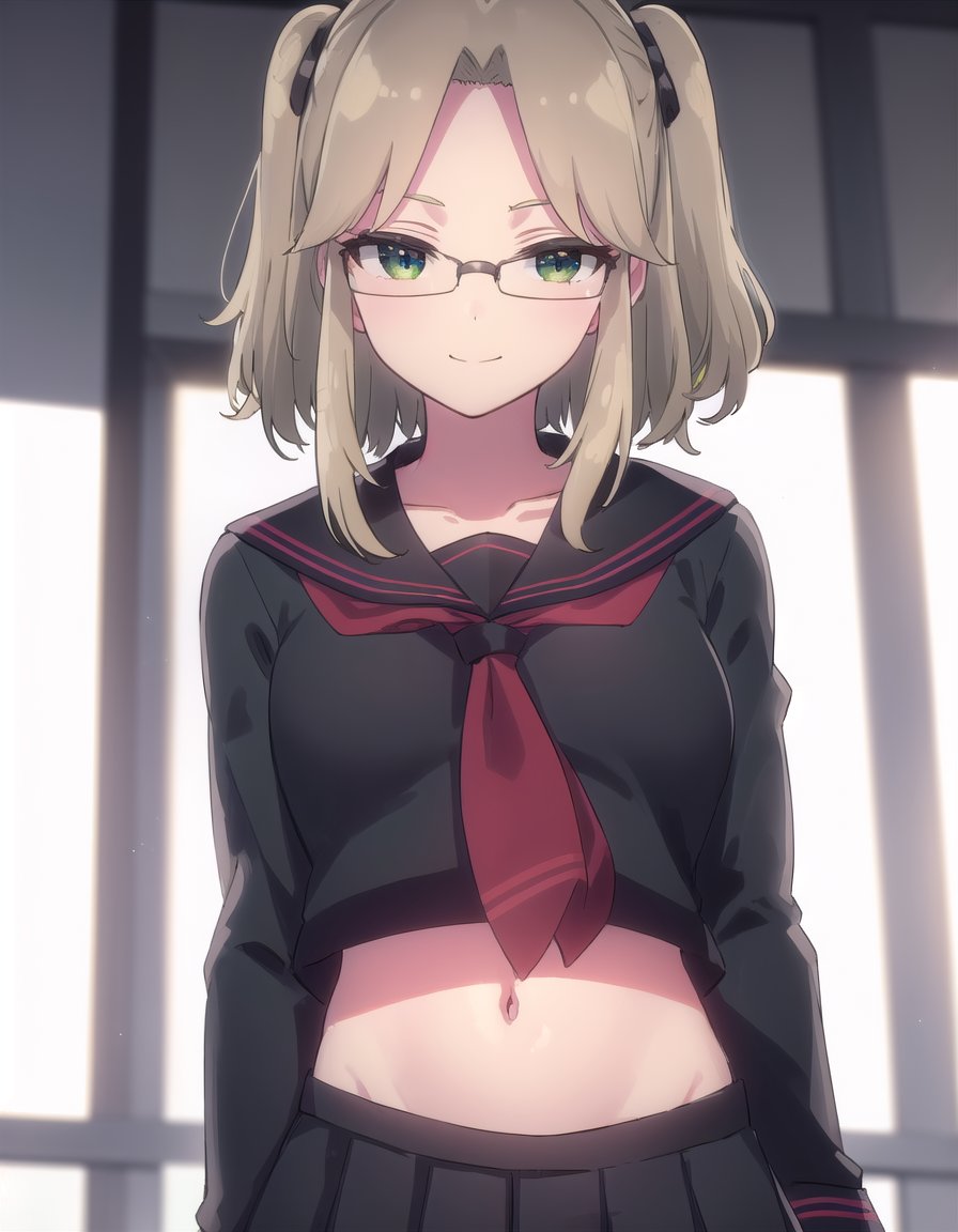 skimu, <lora:sk imu s1-lora-nochekaiser:1>,imu, (green eyes:1.3), glasses, hair ornament, twintails, (parted bangs:1.5), blonde hair,BREAK skirt, shirt, long sleeves, navel, school uniform, pantyhose, pleated skirt, necktie, serafuku, midriff, black skirt, sailor collar, black shirt, black sailor collar, (black serafuku:1.2),BREAK outdoors, classroom,BREAK looking at viewer, (cowboy shot:1.5), smile,BREAK <lyco:GoodHands-beta2:1>, (masterpiece:1.2), best quality, high resolution, unity 8k wallpaper, (illustration:0.8), (beautiful detailed eyes:1.6), extremely detailed face, perfect lighting, extremely detailed CG, (perfect hands, perfect anatomy),