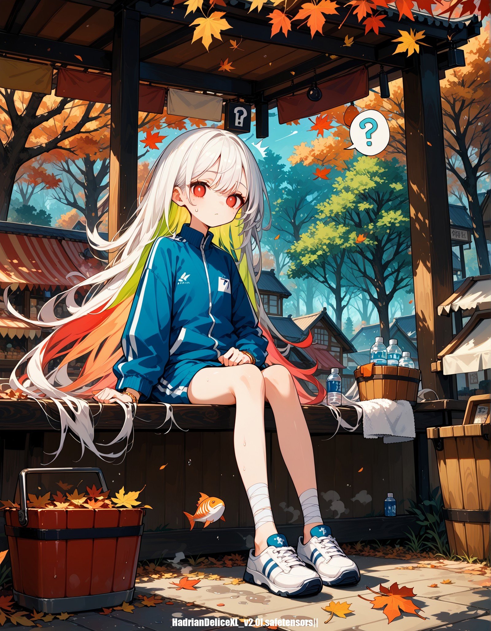 score_9,score_8_up,score_7_up, hadrian, autumn,autumn forest,tree,dappled sunlight,falling leaves,floating hair,outdoors,market stall,wooden bucket,fish,towel,Sports Bottles,mineral water bottle, looking at viewer,emphasis lines, colorful hair,very long hair,empty eyes,pale skin,slim girl,slim legs,flat chest,swept bangs, white hair,wet hair,red eyes, ?, puzzled expression,puzzled look,spoken question mark,steaming body,sweat,sweatdrop,sitting,bandaged leg,knee pad, track pants,bracelet,track jacket,sports shoes,heel_pop,long sleeves,