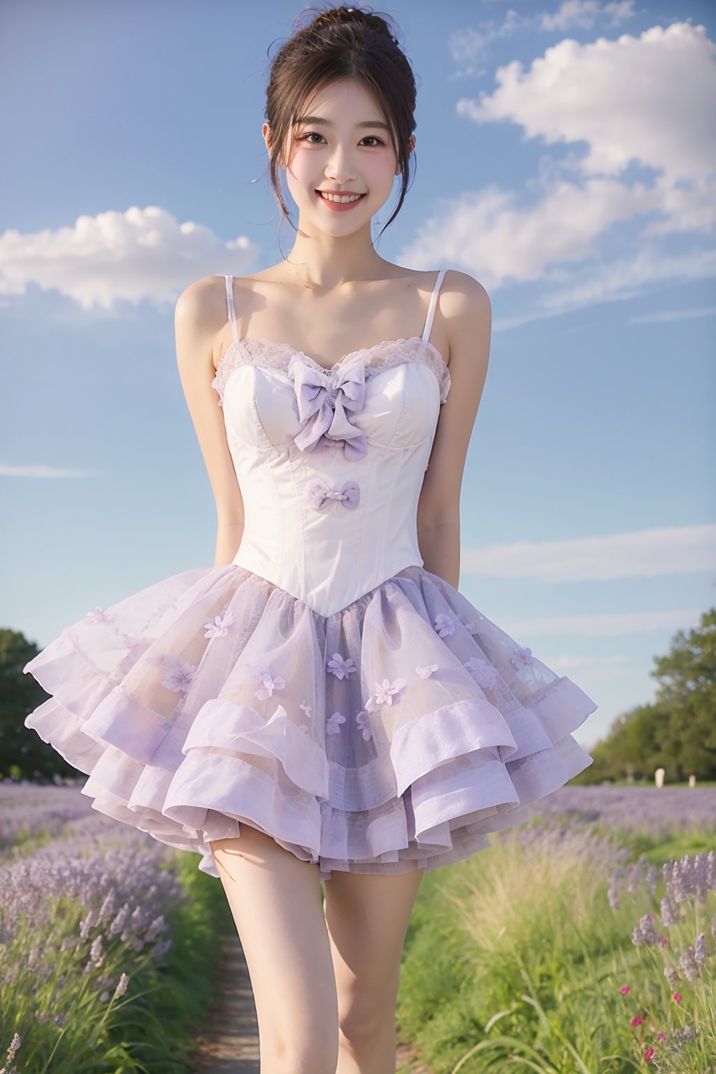 1girl,solo,looking_at_viewer,(arms_behind_back:1.2),(light purple princess dresses:1.1),smileFlower field<lora:EMS-345668-EMS:0.900000>