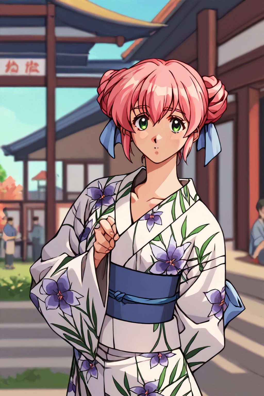 score_9, score_8_up, score_7_up, score_6_up, score_5_up, score_4_up, source_animesaeki kanako, 1girl, pink hair, green eyes, hair bun, double bun, hair ribbon, blue ribbon, solo, sash, obi, kimono, yukata, kanako_yukata, cowboy shot, hands behind back,masterpiece, perfect face, best quality, beautiful girl, blurry background, cute girl, beautiful eyes, shiny eyes, anime coloring, anime screencap, absurdres, outdoors.  <lora:saeki kanako anyt 905:0.8>