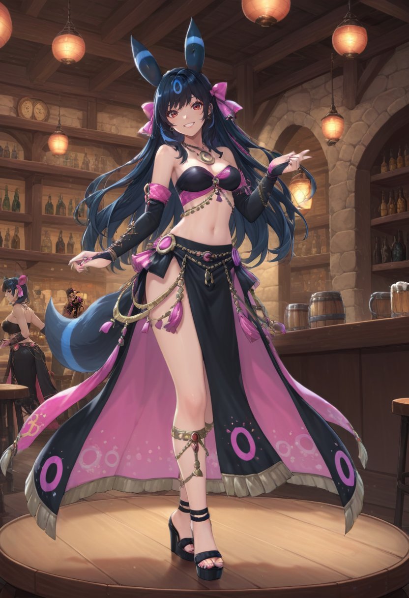 score_9, score_8_up, score_7_up, source_anime, ((1girl, solo):1.5), Umbreon, humanization, tail, animal ears, tavern, on stage, long hair,BREAK full body, looking at viewer, smile, sandals, bridal gauntlets,  necklace, hair bow, bow, breasts, skirt, midriff, navel, bare shoulders, (black clothing:1.5), wedge heels,  <lora:DncAf:.75> dncaf, dancing, 