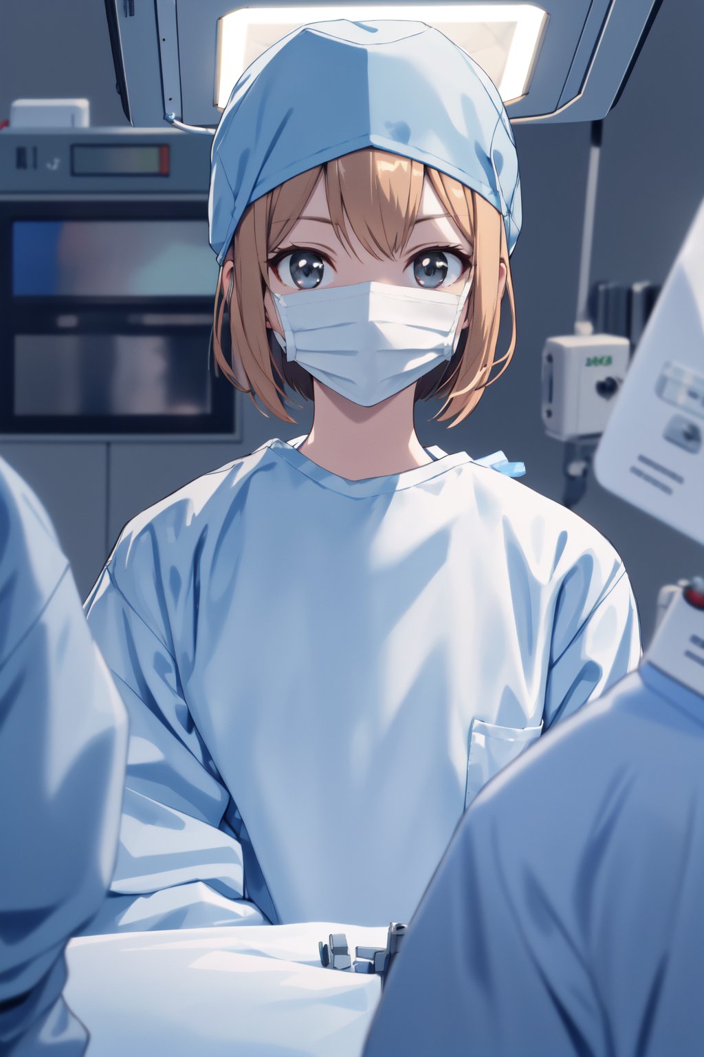 (RAW photo, best quality), 1girl, long sleeve surgical outfit, surgical mask,  surgical gloves, surgical cap,  operating room, overhead surgical light, dslr, blurred background, focused <lora:ConceptClothingSurgicalOutfit1_1:0.8>,<lora:shouko_dr_elise_v1_2-000004:1>, shouko, looking at viewer,