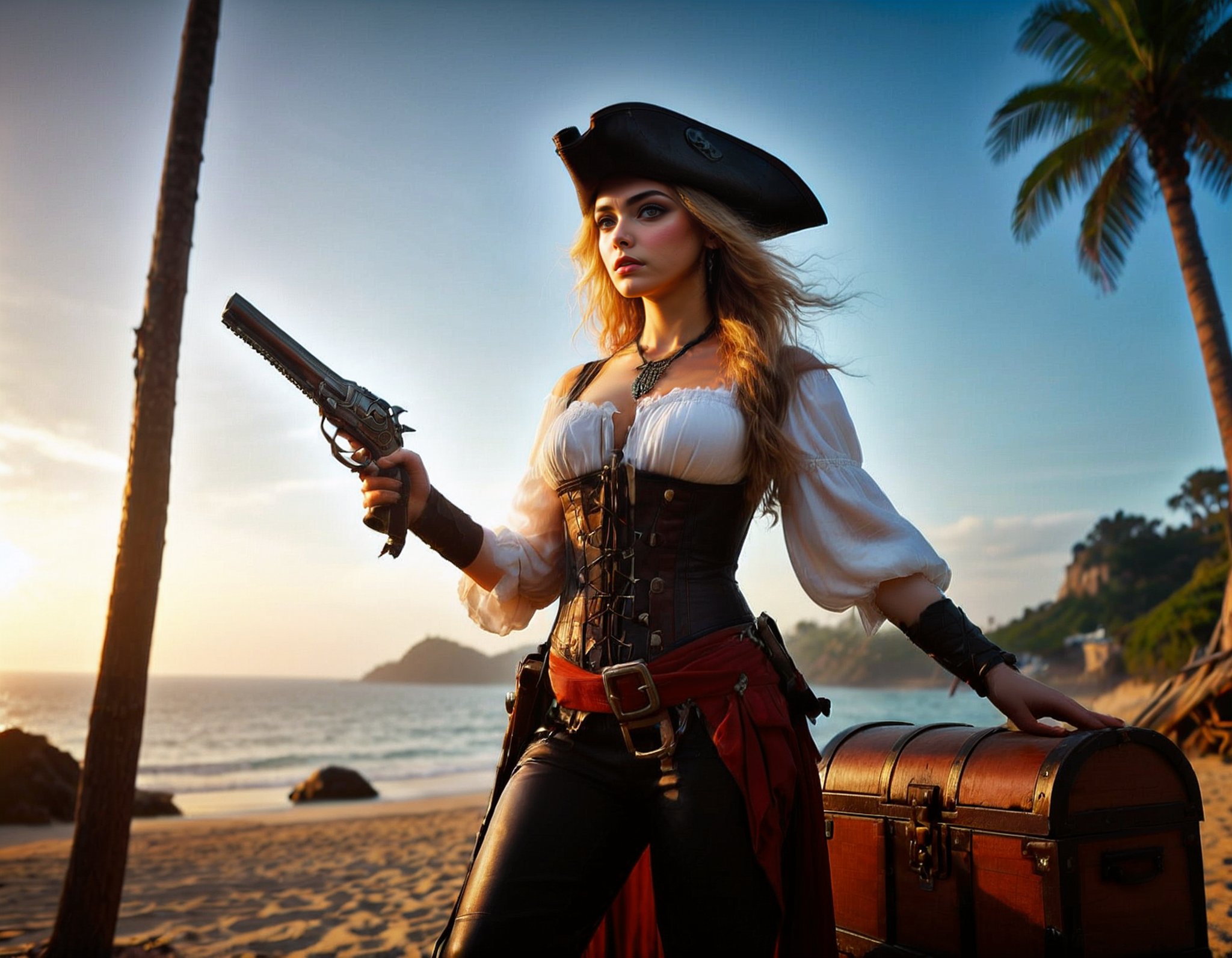 pir4t4,high detailed, (high budget Hollywood film:1.3),(cinematic film still portrait of )Fierce female pirate, rugged alluring ensemble, billowing white blouse, curve sword,leather corset, sturdy boots, tricorn hat, plume, bandana, flowing hair, piercing eyes, defiance, triumph, cutlass, treasure chest, gold coins, jewels.Formidable pirate ship, anchored offshore, tattered sails, sea breeze, dark silhouette, azure sky, crystal-clear waters, adventures, battles.Sandy beach, grim reminder, perilous pirate life, skeleton, bony hand, rusted cutlass. Palm trees, tropical serenity, tumultuous tableau. Danger, treasure, unyielding spirit, adventure. ,8k UHD, RAW, DSLR, HDR, Fuji FILM,( embedding:ziprealism), intricate diorama, photorealism, intricate details, extremely detailed, masterpiece,  outstanding intricacies, best quality, hires textures, high detail, incredibly detailed, cinematic lighting, creating an endearing expression as it gazes directly into the camera. the surrounding foliage adds depth to the scene,cinematic still portrait,street photo art style,8k UHD, RAW, DSLR, HDR, f/8,photorealistic,  skin pores, imperfections, natural,  high budget Hollywood film, bokeh, cinemascope, moody, epic, gorgeous, film grain , captured on a (Hasselblad X1D II 50C),, ,hair style Emo, clothes material is Bouclé,low forehead, curved nose, angry gaze, small chin, wide face,long bangs,