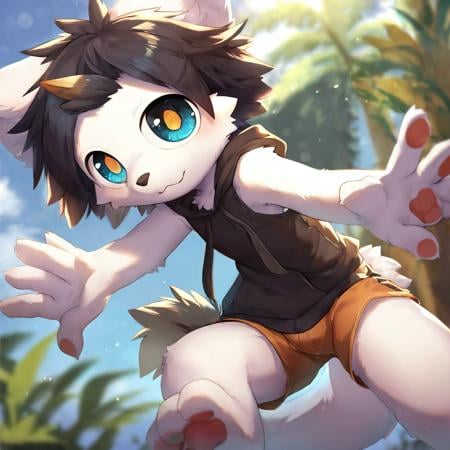 score_9, score_8_up, score_7_up, score_6_up, source_furry, rating_questionable,furry, (young:1.0), boy, pixiv style, (kemono:0.8),BREAKsolo,hoodie, shorts, fully clothed,looking at viewer,standing,flat chest,animal ears, tail,detailed fur,  fluffy fur, detailed fur texture,detailed hair, transparent hair, hair,white fur,Delicate eyes, beautiful eyes, detailed eyes,hi res, detailed,short hair, hair, black hair,soft light, front light, natural lighting, (photorealistic:0.6),depth of field,(illustration:0.8),BREAKkoogami<lora:koogami-000009:0.8:lbw=0,0,0,1,1,1,1,1,1,0,0,0>