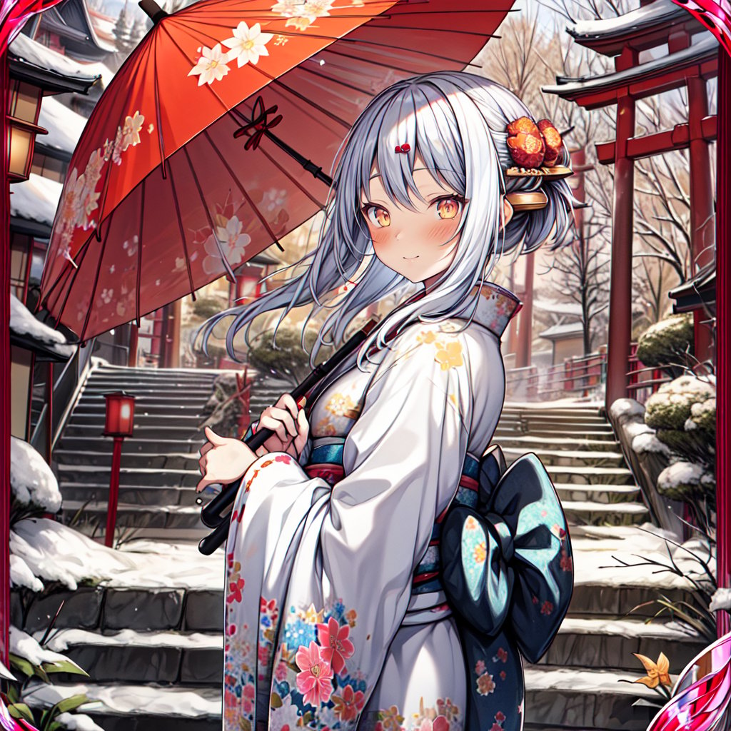 masterpiece, best quality, highly detailed background, perfect lightingbest quality, <lora:vcoracle-08:0.7> <lora:more_details:0.4>1girl, solo, short hair, hair ornament, yellow eyes, white hair, grey hair, japanese clothes, kimono, orange eyes, umbrella, floral print, looking up, snow, lantern, snowing, stairs, holding umbrella, card (medium), red kimono, oil-paper umbrella