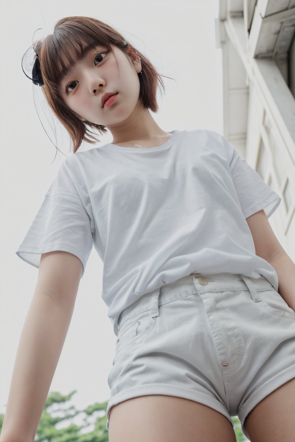 masterpieces, best quality, portrait photo of a 18 years old j-pop girl, wearing shorts, white shirt, beautiful face, perfect eyes, medium haircut, random pose, posing to viewer, (low angle shot, shot from below),<lora:hinaMaybeBetterPose_v4:0.5>