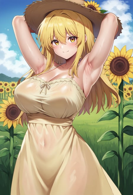 score_9, score_8_up, score_7_up, flower field, sunflower, sunflower field, sunset,BREAKsource_anime,BREAK1girl, sundress, sunhat, blonde hair, large breasts, see-through silhouette, happy, hair between eyes,arms up, armpits, light smile,  <lora:Cyclone Reizei-v1-PDXL:1>