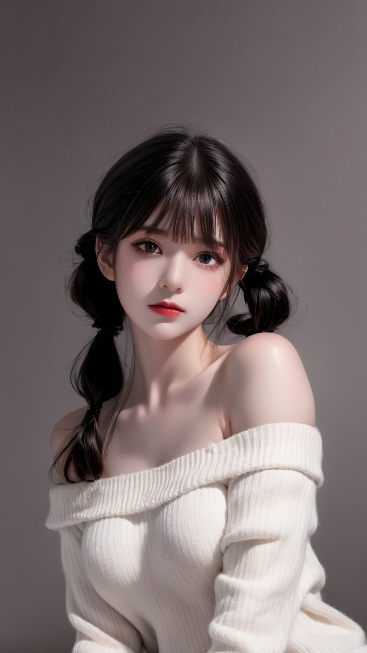 1girl,solo,twintails,looking at viewer,off shoulder,realistic,parted lips,bare shoulders,long hair,upper body,black background,breasts,simple background,collarbone,white hair,off-shoulder shirt,lips,red lips,bangs,grey eyes,shirt,nose,eyelashes,makeup,off-shoulder dress,