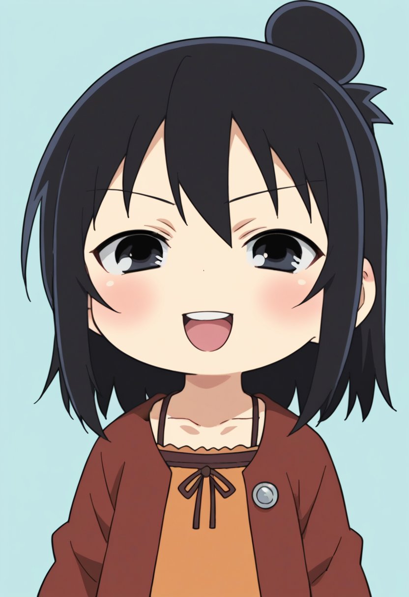 score_9, score_8_up, score_8, source_anime, 1girl, solo, chibi, <lora:HitohaMarui:0.9> , black eyes, black hair, hair bun, red coat, orange dress, laugh, blush, upper body focus,light blue background, simple background,