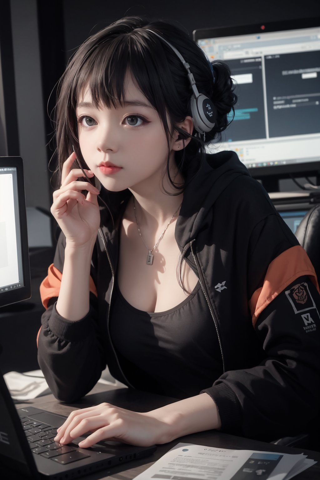 Sophisticated portrait of A cyberpunk Hacker sitting at her computer,in a bright computer lab,hacking into the mainframe,fantasy,hd,volumetric lighting,4 k,intricate detail,side face,long wind jacket+mechanical earphone+gear necklace,