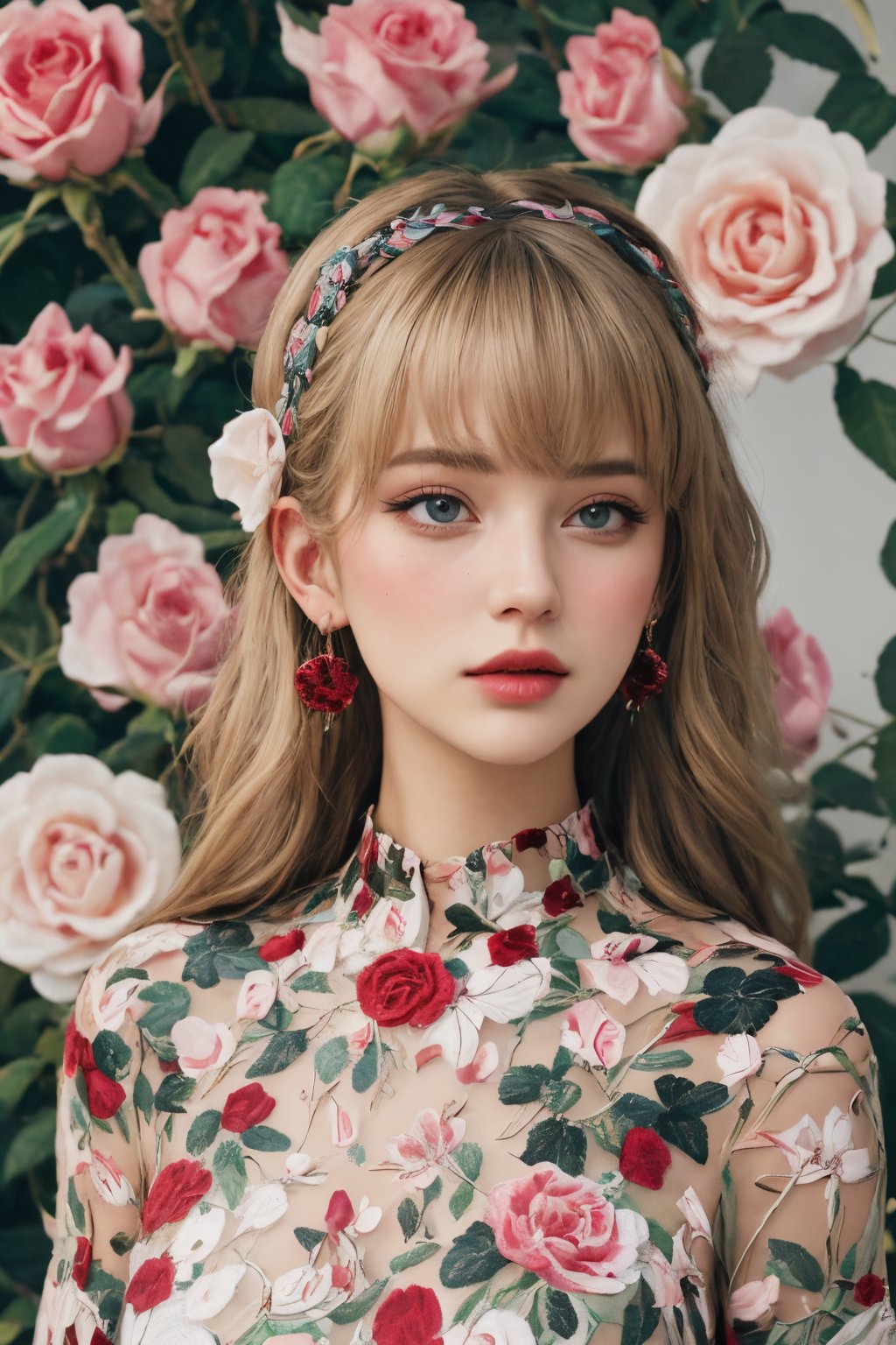 1girl, lbc_rose dress, solo, long hair, breasts, looking at viewer, bangs, blue eyes, blonde hair, hair ornament, jewelry, upper body, braid, flower, white hair, hairband, earrings, hair flower, lips, eyelashes, rose<lora:0223 flower_v1:0.7>,