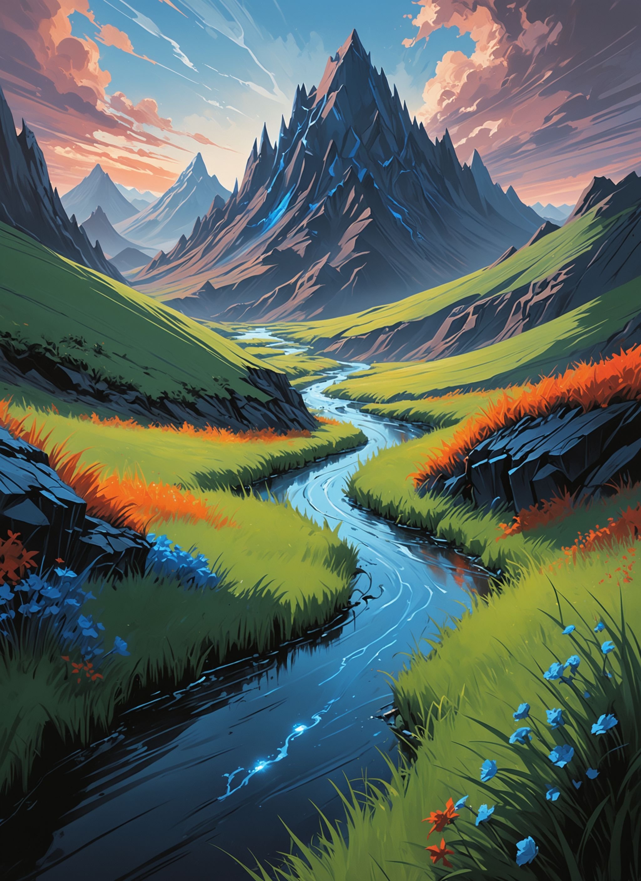 representation of colors, by noah bradley   by joshua middleton, dynamic light, portrait in a blue pastel field with grass that have grass and bushes floating around, background the in mountains black small a on grass with field, mountainous an near river delta white lush a on built androids blue cartoon friendly happy two painting, dream psychedelic surreal dark, photo of mordor with mountains growing