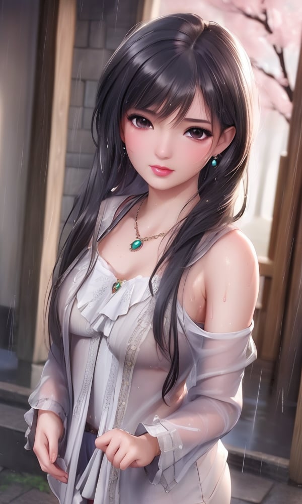 (,1girl, ,best quality, )<lora:DA_蓝素素和蓝洛洛-斗罗大陆:0.6>, ,ultra realistic 8k cg, flawless,  tamari \(flawless\), professional artwork, famous artwork, cinematic lighting, cinematic bloom, perfect face, beautiful face, fantasy, dreamlike, unreal, science fiction,  luxury, jewelry, diamond, pearl, gem, sapphire, ruby, emerald, intricate detail, delicate pattern, charming, alluring, seductive, erotic, enchanting, hair ornament, necklace, earrings, bracelet, armlet,halo,masterpiece, fantasy, realistic,science fiction,mole, ultra realistic 8k cg, ,tamari \(flawless\),  large breasts,cherry blossoms,wet clothes,lace, lace trim,   lace-trimmed legwear,(((Best quality, masterpiece, ultra high res, (photorealistic:1.4), raw photo, 1girl, wet clothes, rain, sweat, ,wet, )))   upper body, (),