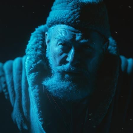 score_9, score_8_up, score_7_up, score_6_up, flmgr, film grain, cinematic, solo, dark, blue theme, 1boy, old man, mustache, beard, winter hat, down jacket, realistic, facial hair