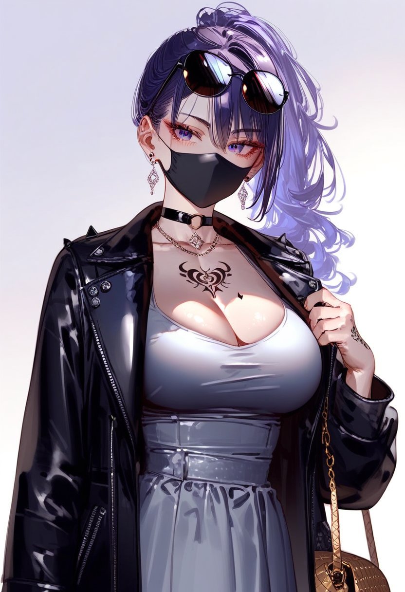 score_9, score_8_up, score_7_up, score_6_up, score_5_up, score_4_up, source_anime,<lora:RAR 0.1v:0.7>, RAR, expressionless, black face mask, 1girl, breasts, round sunglasses, cleavage, eyewear on head, mask, large breasts, jewelry, solo, mouth mask, looking at viewer, dress, necklace, white background, tattoo, purple hair, bag, jacket, bangs, earrings, handbag, simple background, open clothes, choker, ponytail, black jacket, open jacket, long hair, coat, collarbone, black mask, black coat, hair between eyes, grey dress, purple eyes, punk, chest tattoo, tattoo on breast,