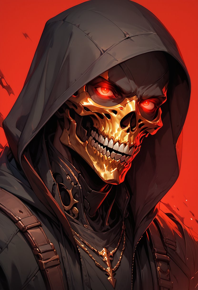 (score_9, score_8_up), score_7_up, zPDXL, solo, looking at viewer, red eyes, 1boy, male focus, teeth, hood, mask, glowing, portrait, glowing eyes, red background, hood up, skull, mouth mask, red theme, skull mask<lora:BioPunky:0.9>