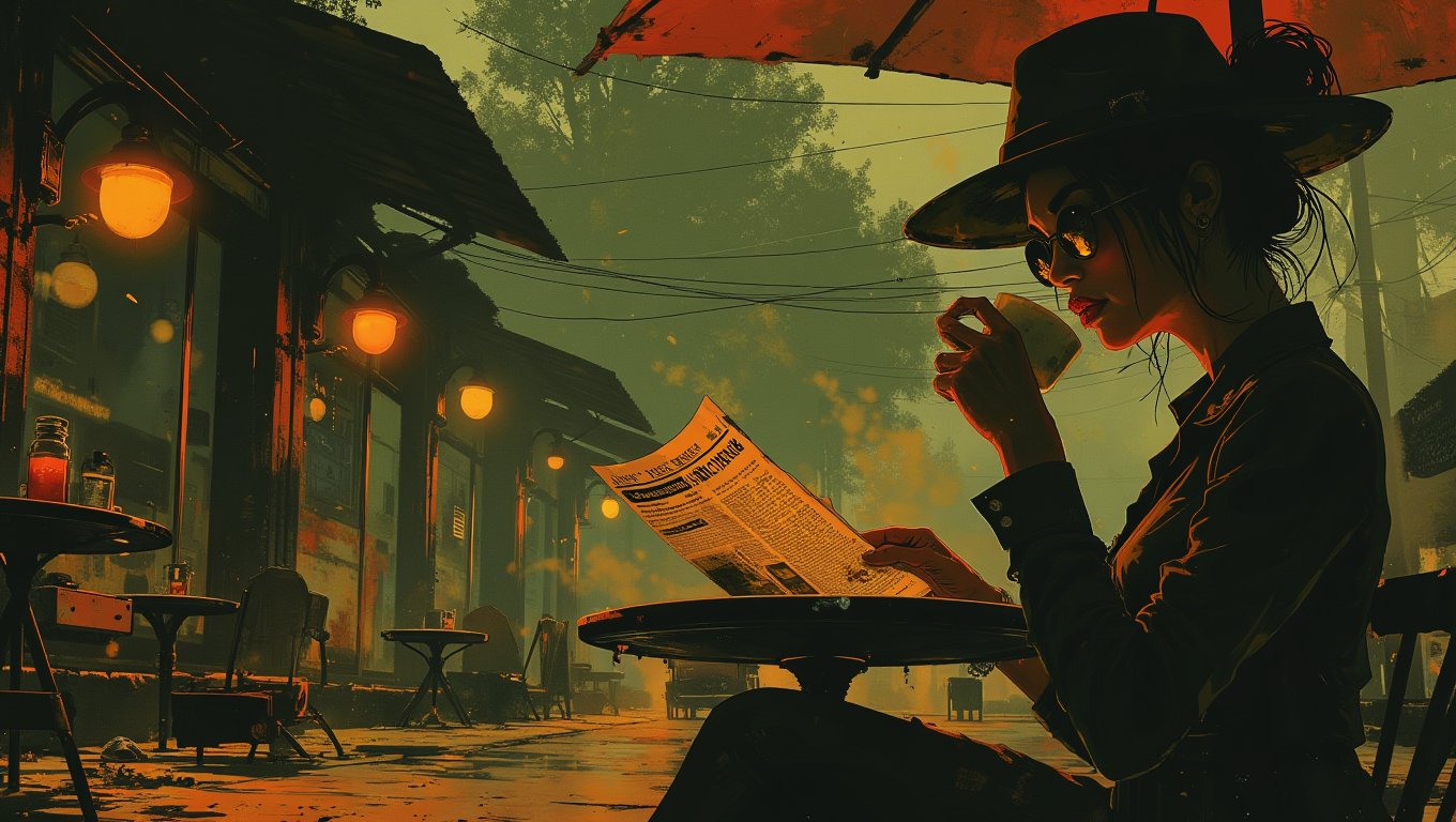 A mysterious woman in a wide-brimmed hat and dark sunglasses sits at an outdoor café, sipping coffee. She’s reading a newspaper, but her eyes occasionally flicker to the street, as if expecting someone. Her posture is elegant, but her presence is enigmatic  <lora:Luminous_Shadowscape:0.8>