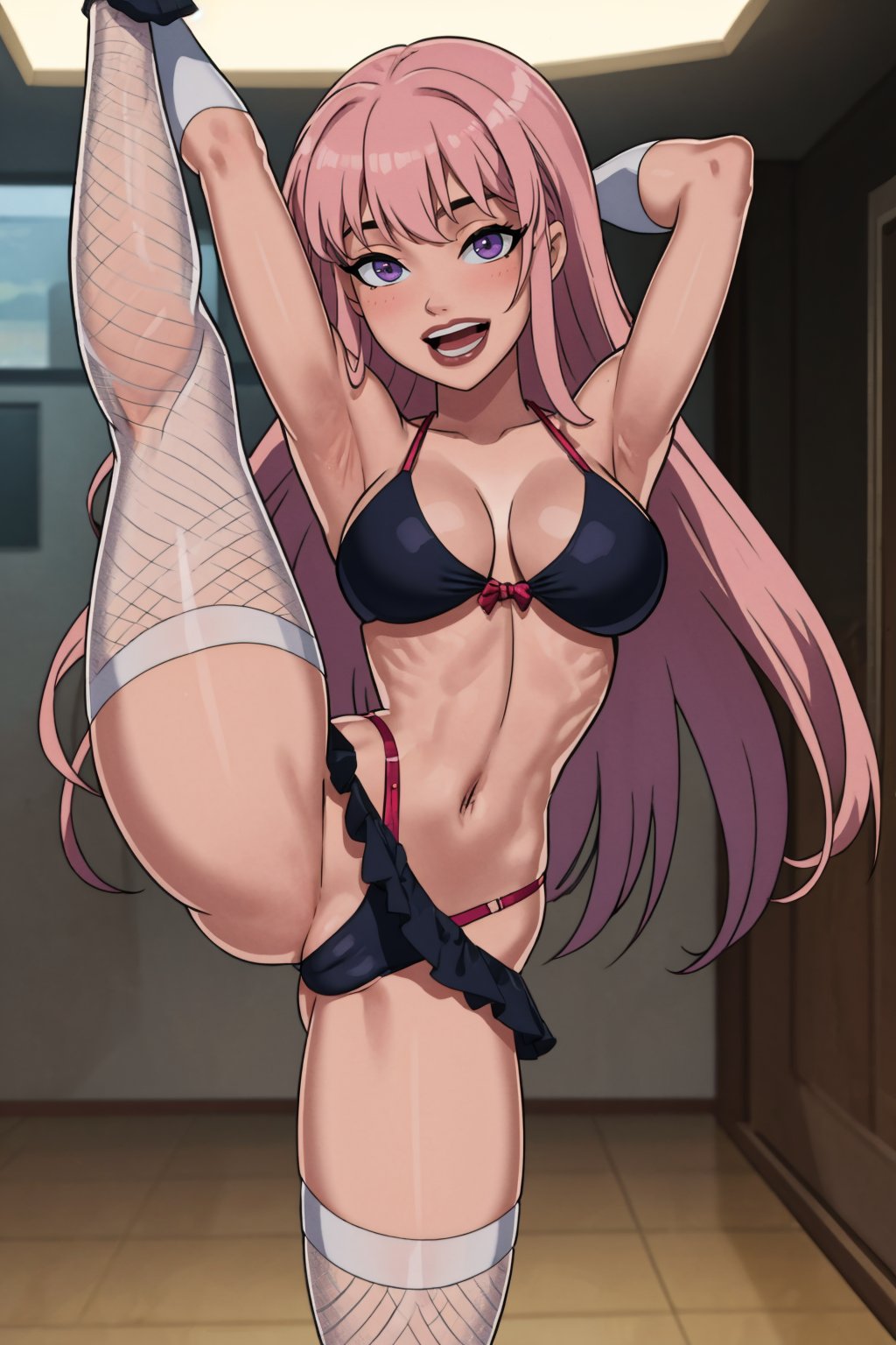 (masterpiece, best quality:1.2),   <lora:somethingunlimited:1>, somethingunlimited, 1girl, thighhighs, solo, gloves, fishnets, navel, breasts, elbow gloves, fishnet thighhighs, long hair, standing on one leg, smile, standing, pole dancing, pink hair, leg up, stripper pole, pole, black gloves, split, blush, looking at viewer, purple eyes, standing split, open mouth, bikini, stomach, bangs, swimsuit, thighs, spread legs, skindentation, armpits, black bikini, indoors, bare shoulders, panties