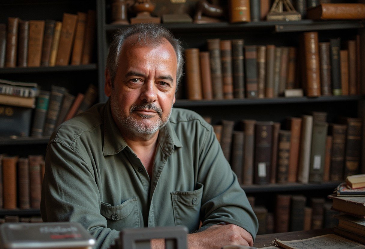 A middle-aged man with a somber expression, surrounded by dusty history books and old artifacts in a cluttered room.