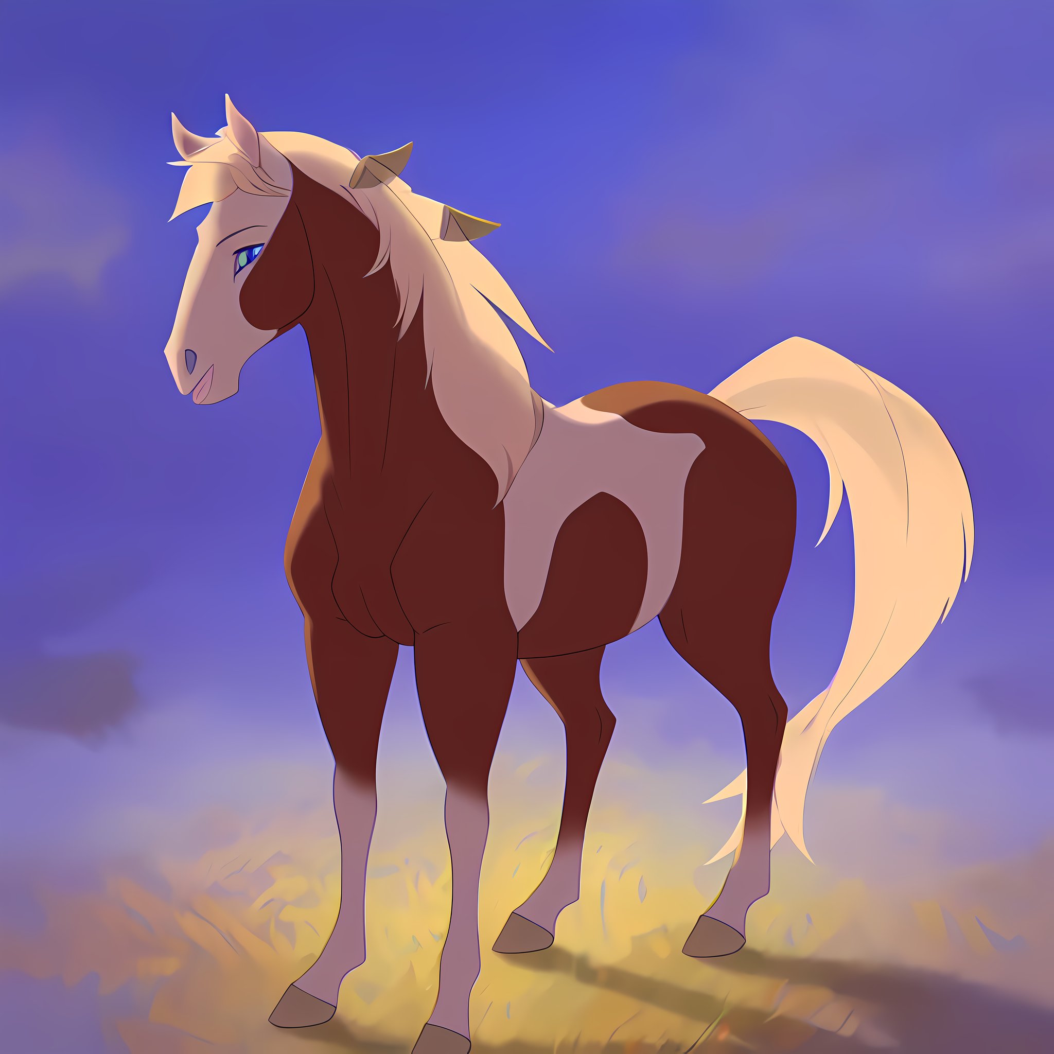 1horse, sorrel tovero paint horse with a roman nose, a pale blonde mane and tail, and crystal blue eyes, with eagle feather in her mane, (best quality, masterpiece), (one color background), (dark background), (((fur))), (flat background),  <lora:rain_from_spirit2002:1>, full body, (3d), ((rendered by maya)), (rendered by blender)