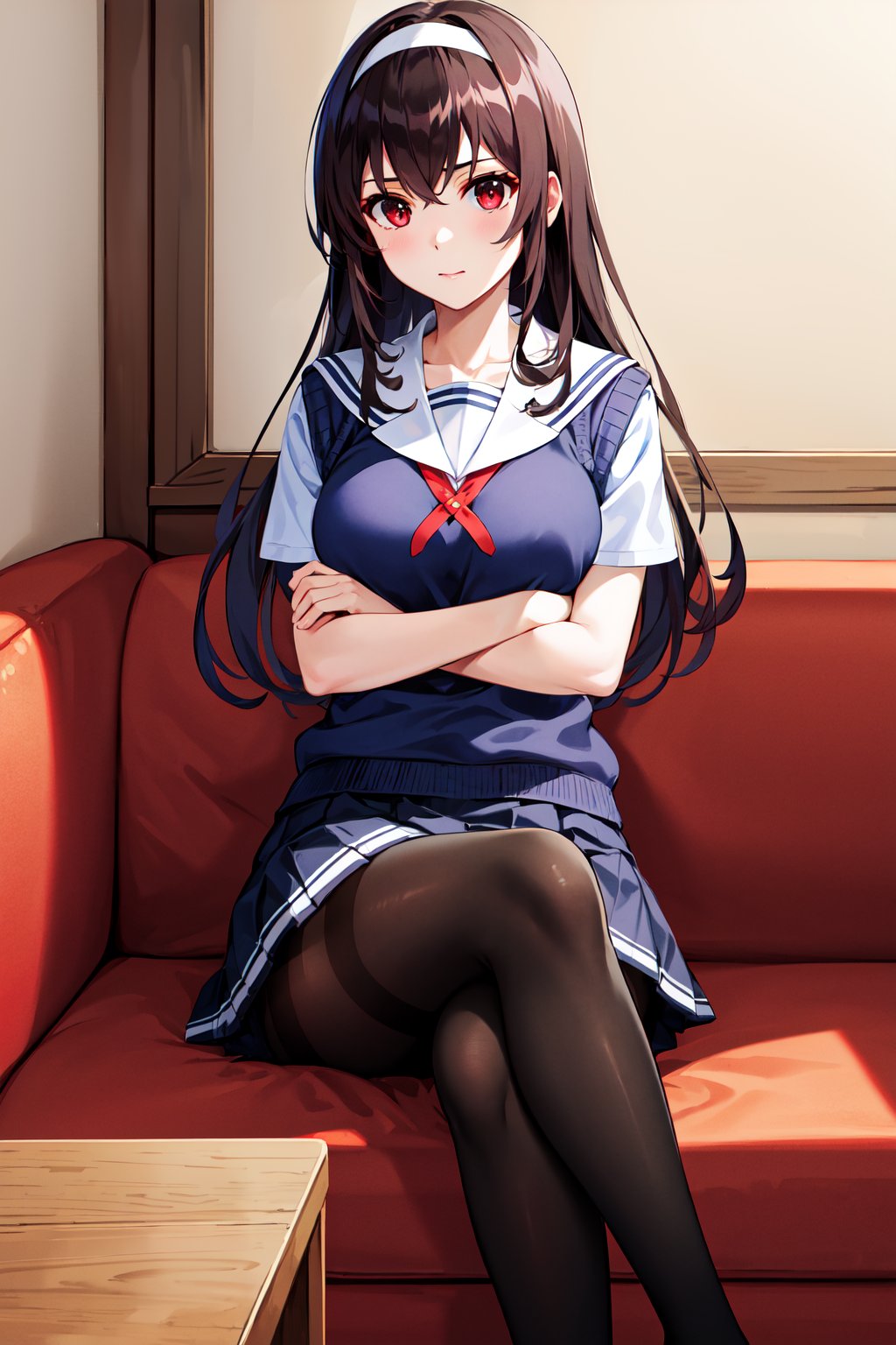 masterpiece, best quality, highres, aautaha, long hair, black hair, hairband, school uniform, sailor collar, sweater vest, blue sweater, white shirt, short sleeves, pleated skirt, blue skirt, (black pantyhose:1.2), <lora:kasumigaoka_utaha_v2-1:0.7>, crossed arms, sitting, sofa, crossed legs, room