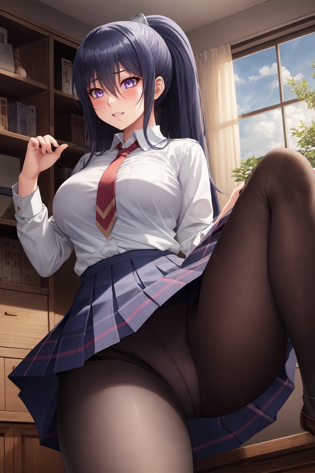 (high quality:1.1), cinematic lighting, sharp focus,Akiyama Rinko is standing with legs apart and upskirt, holding skirt, from below,1girl, mature female, solo,looking at another, shy, blush, teeth,dark blue hair, ong hair, sidelocks, bangs, purple eyes, ponytail,school uniform, white shirt, red necktie, pleated skirt, (black pantyhose:1.1), thong under pantyhose, pantyshot, miniskirt,curvy, large breasts, thighs,indoors, window, sky, day,<lora:AkiyamaRinko:1>