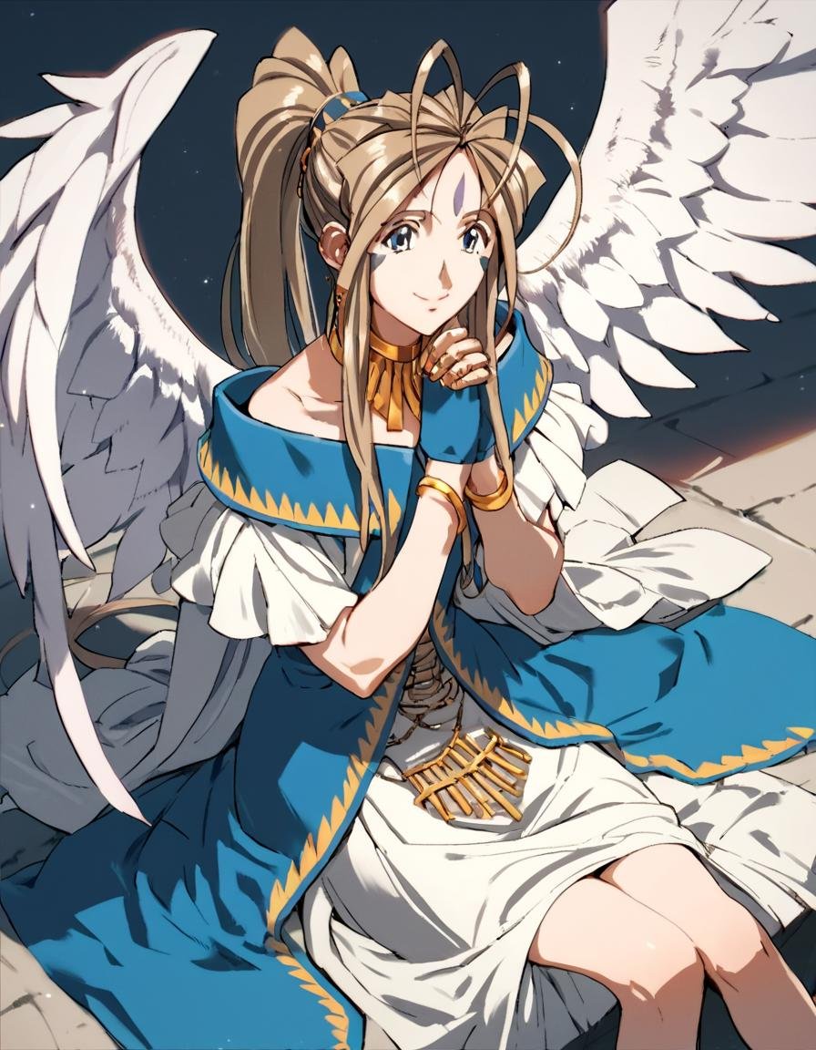 score_9, score_8_up, score_7_up, score_6_up, score_5_up, score_4_up, source_anime,  Belldandy, smile, gloves, dress, jewelry, sitting, earrings, wings, choker, fingerless gloves, bracelet, ring, own hands together, 