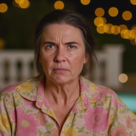 fair skin and freckles. His blue eyes are wide open, his face is serious and he has a slight frown.  The background is blurry and consists of out of focus golden lights and what appears to be a railing and a pool. The man is lit from the left., A woman with long, dark eyebrows, wearing a long-sleeved pink and yellow floral patterned button-up shirt. She has deep wrinkles and appears tired. Her eyes are slightly closed