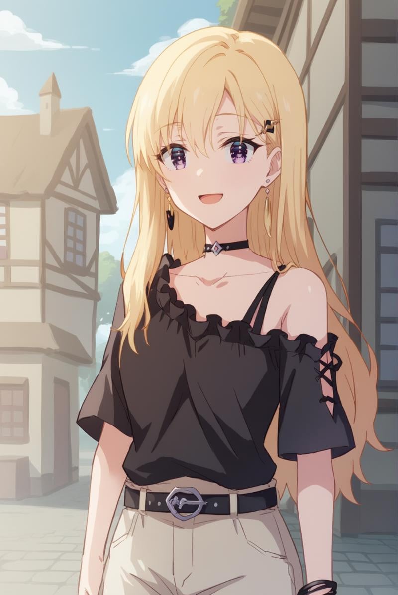 score_9, score_8_up, score_7_up, score_6_up, score_5_up, score_4_up, BREAK source_anime, 1girl, solo,<lora:AyaseSakiXL-v1-07:0.8>, ChopioAyase, long hair, blonde hair, shiny hair, hair between eyes, purple eyes, highly detailed eyes, hair clip, looking at viewer,earrings, bracelet, straight hair,outfit_1, black choker, (single bare shoulder:1.2), shoulder strap, black shirt, frilled shirt, short sleeves, black belt, beige shorts,outdoors, town, blue sky, sunny, smile, open mouth, 