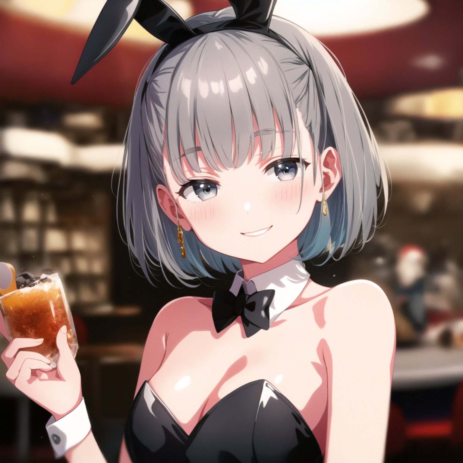 (masterpiece, best quality), 1girl, solo, ipkana, black playboy_bunny, <lora:kana-000016:0.75>, grey_eyes, smile, blush, casino, bar