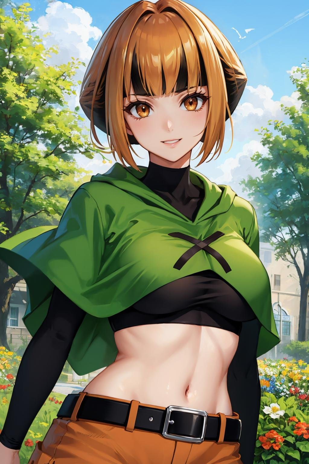 masterpiece, best quality,  <lora:gardenia-nvwls-v1-000008:1> natane, multicolored hair, green capelet, black shirt, long sleeves, midriff, belt, orange shorts, large breasts, upper body, smile, looking at viewer, furrowed brow, garden, flowers