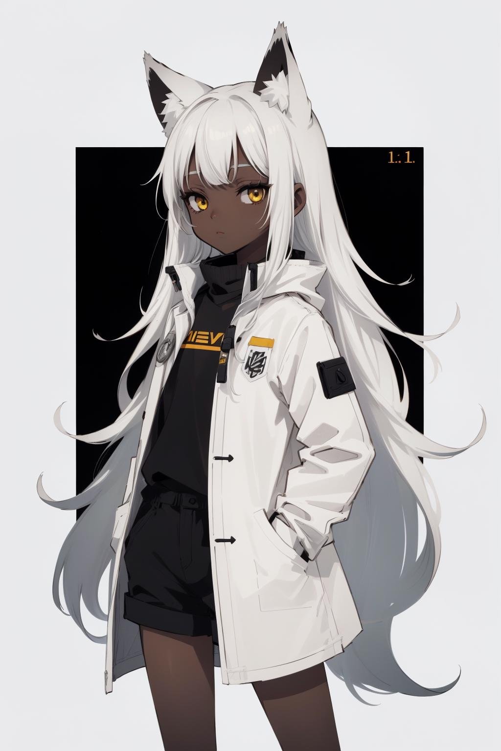 masterpiece,best quality,highres,illustration,(flat color:1.2,outline:1.2),1girl,solo,(black skin:1.1,dark skin1.1),white hair,yellow eyes,fox ears,white coat,shorts,long hair,parted bangs