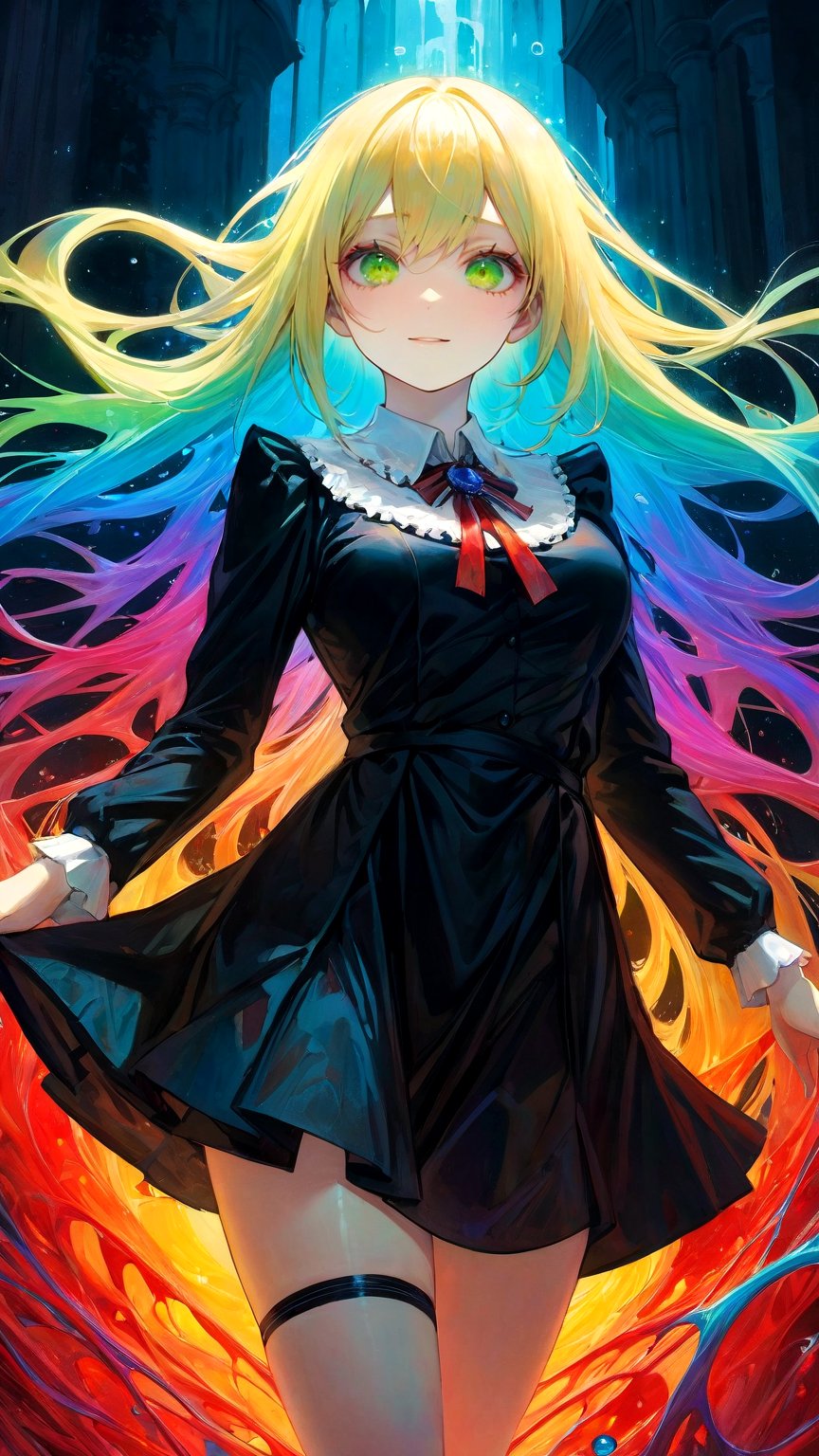 a Girl,laughing,Colorful colors,surrounded by water bubbles,in the style of Kawacy,Masterpiece,Oil painting drawn in anime style,head close - up,exaggerated perspective,Tyndall effect,water drops,mother - of - pearl iridescence,Holographic white,chess queen outfit,anime girl,girl with a pretty face,white gold hair,green eyes,goth girl,((sexy school uniform)),wearing a stylish very sexy school uniform,with a funny expression on her face,Hellwalker,incombing death,black bloody veins growing and intertwining out of the darkness,oozing thick yellow blood,veins growing and pumping blood,(chubby female body:0.8),vascular networks growing,connecting,explanding,red veins everywhere,zdzislaw beksinski,(sharp colors:1.3),(rainbow skin:1.1),(Infrared:1.2),ultra detailed,intricate,((dry brush, ultra sharp)),(surrealism:1.4),(disturbing:1.5),beksinski style painting,satanic symbols,(full torso),full body in frame,centered body,kawaii,realistic,((intricate details)),(pale gothic evil queen),ibrant,action-packed,detailed character design,reminiscent of fighting video games,black bloody veins growing and intertwining out of the darkness,oozing thick neon rainbow blood,veins growing and pumping blood,vascular networks growing,connecting,explanding,red veins everywhere,zdzislaw beksinski,(vibrant colors:1.1),dynamic pose,perfect face,(realistic eyes),perfect eyes,((dark gothic background)),sharp focus,