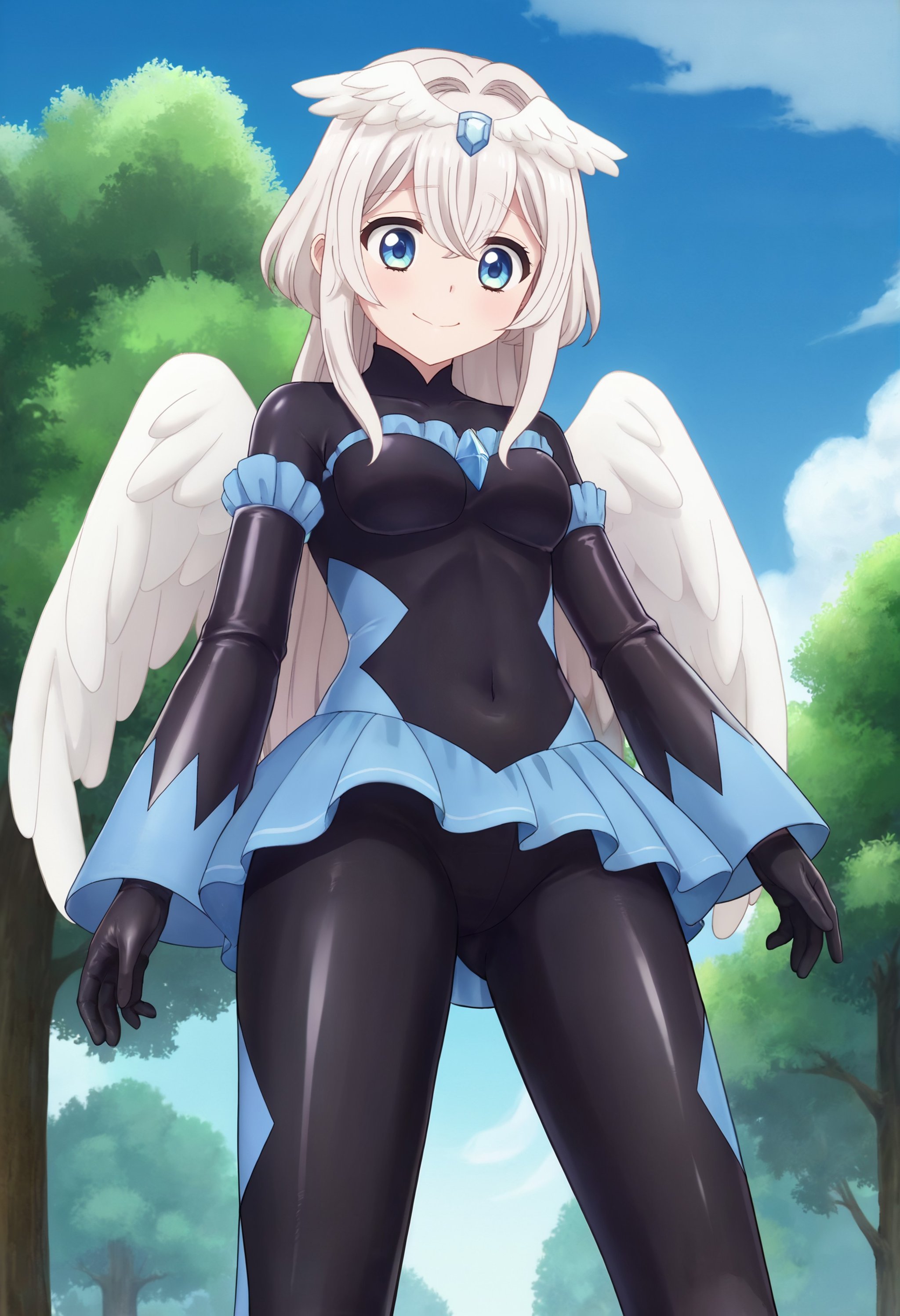 zPDXL, 1girl, solo, BREAKtowa \(tenshitsuki\), long hair, angel wings, black badend-bodysuit, badend-tiara, blue skirt, blue frills, blue gem, gloves,cowboy shot, from below,outdoors, tree, blue sky,<lora:bad-end-ot14-1701:0.8>  <lora:Towa1:0.8>