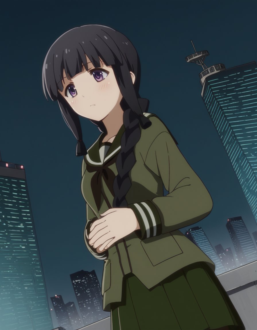 score_9, score_8_up, score_7_up, source_anime, <lora:kancolle-kitakami-s1-ponyxl-lora-nochekaiser:1>, kitakami, long hair, bangs, black hair, purple eyes, braid, blunt bangs, single braid, hair over shoulder, kitakami (kancolle), skirt, school uniform, serafuku, green skirt, pleated skirt, green shirt, green sailor collar, city skyline, rooftop view, night time, city lights, quiet reflection, , , hands on stomach, blush,, solo,, cowboy shot, dutch angle