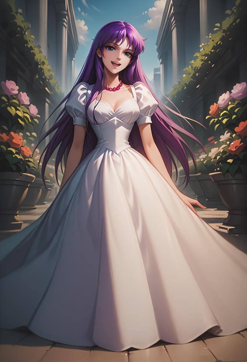 score_9, score_8_up, score_7_up, best quality, intricate details, masterpiece, souce_anime BREAK<lora:SaoriKido_Pony_v11-12:1> athenakido,  purple hair, puffy dress, pearl necklace, sitting, legs together, high heels, outdoors, garden paradise , sunny,smile, open mouth, head tilt,