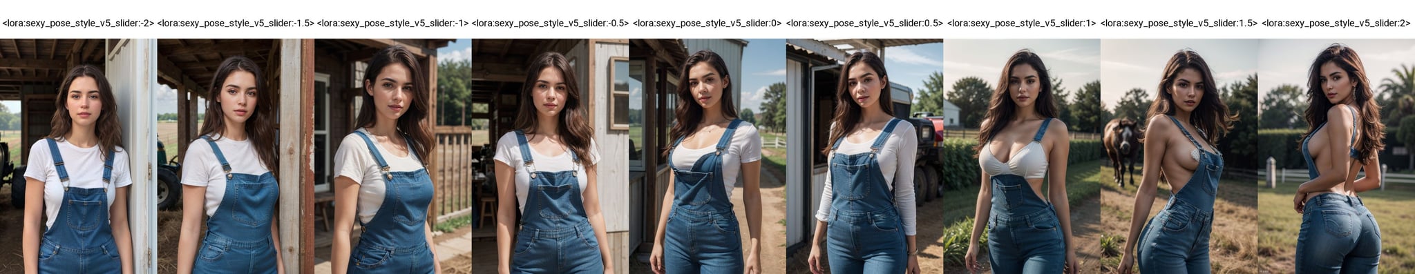 (best quality,4k,8k,highres,masterpiece:1.2),ultra-detailed,(realistic,photorealistic,photo-realistic:1.37), professional photo, front lit natural lighting, upper body, facing viewer, beautiful thin woman wearing denim overalls, standing straight up outside on a farm, vivid colors <lora:sexy_pose_style_v5_slider:-2>