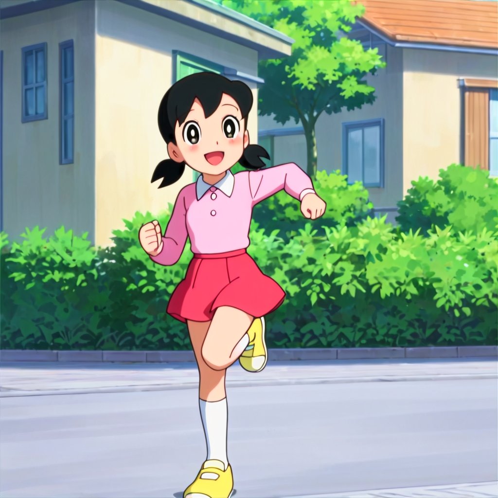 score_9, score_8_up, score_7_up, score_6_up, score_5_up, score_4_up, source_anime,minamoto shizuka,1girl, solo, skirt, outdoors, black hair, socks, white socks, twintails, red skirt, shoes, smile, shirt, open mouth, black eyes, pink shirt, looking at viewer, short twintails, kneehighs, collared shirt, long sleeves, :d, day, bright pupils, white pupils, house, low twintails, short hair, running, yellow footwear, blush, child, loli, masterpiece, perfect face, best quality, beautiful eyes, shiny eyes, anime coloring, anime screencap, absurdres, outdoors,  <lora:minamoto shizuka mala 912:0.8>