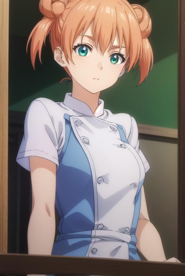 yuukiyoshino, <lora:yuuki yoshino s1-lora-nochekaiser:1>,yuuki yoshino, short hair, twintails, (green eyes:1.3), hair bun, orange hair, double bun,BREAK chef, pants, white pants,BREAK indoors, kitchen,BREAK looking at viewer, (cowboy shot:1.5),BREAK <lyco:GoodHands-beta2:1>, (masterpiece:1.2), best quality, high resolution, unity 8k wallpaper, (illustration:0.8), (beautiful detailed eyes:1.6), extremely detailed face, perfect lighting, extremely detailed CG, (perfect hands, perfect anatomy),