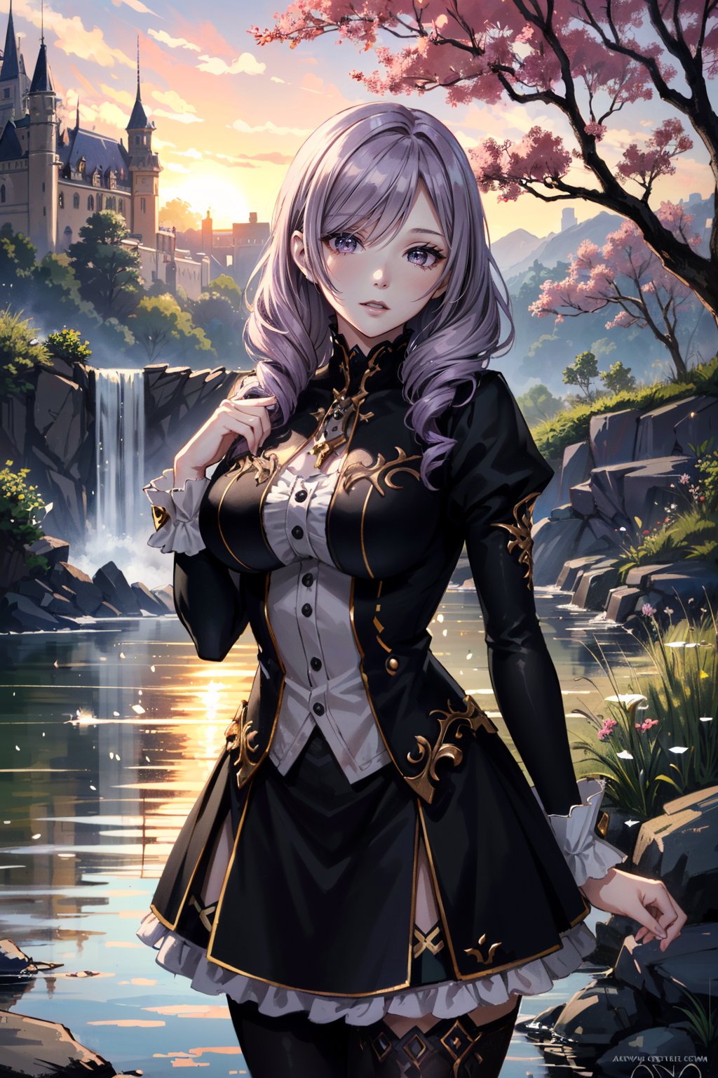 ((ultra detailed, masterpiece, absurdres))HGDaniella, 1girl, twin drills, purple hair, cowboy shot, Whimsical Fairytale Castle with Turrets and Gardens big waterfall, stream, sunset, soft warm lighting, beautiful features, highly detailed, by WLOP, by Artgerm, by Michael Garmash, by Rob Rey, digital art, trending on artstation <lora:HGDaniella:0.9>