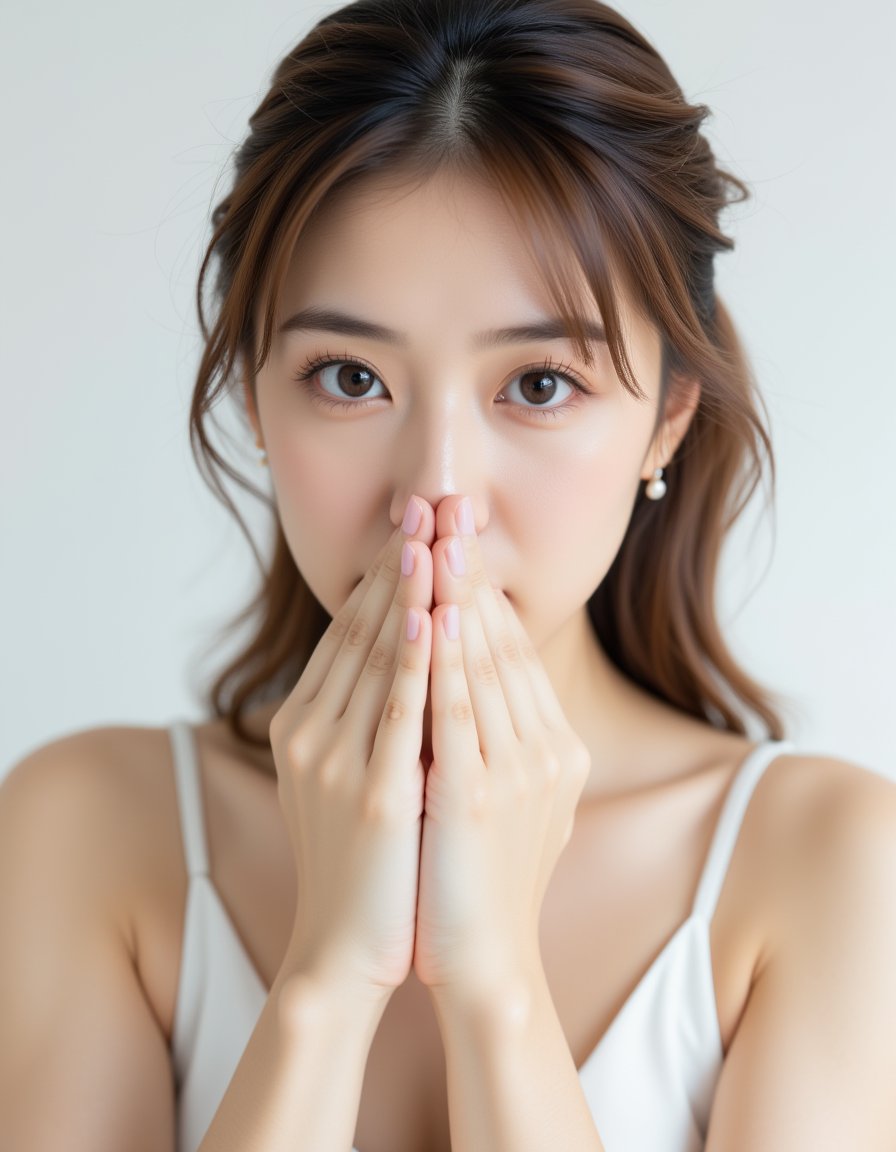 best quality, masterpiece, raw photo of a female in white dress, close up face, brown hair, fashion accessories, looking at viewer, indoor, day time, professional photo, high contrast exposure, soft bokeh, high key light, hard shadow, soft bokeh, simple background, white background, lips sneeze to viewer, hands cover mouth,