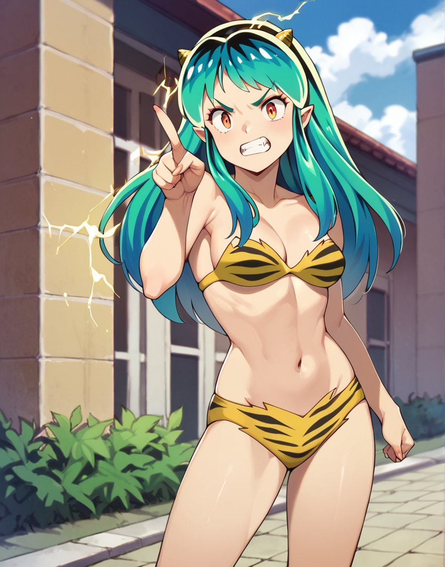 score_9, score_8_up, score_7_up, 1girl, <lora:lum:1> lumxl, long hair,green hair, aqua hair, multicolored hair, oni, cone horns, pointy ears, animal print, tiger print, bikini, trapless bikini, navel, medium breasts, boots, orange eyes, yellow bikini, print bikini, pointing at viewer, angry, v eyebrows, clenched teeth, outdoors, school, energy, electricity, standing, cowboy shot, 