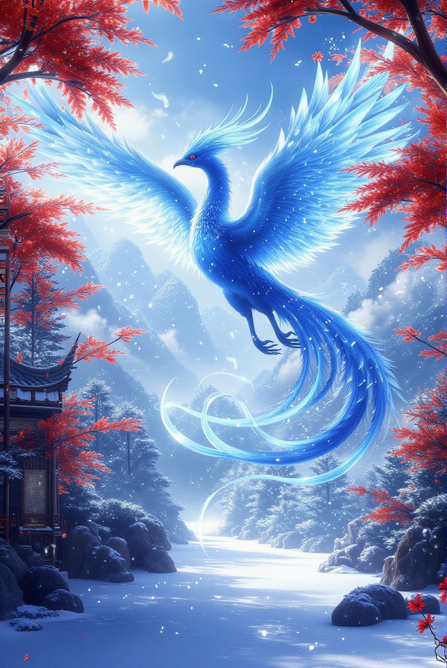 east asian architecture, scenery, architecture, snow, tree, no humans, mountain, outdoors, lantern, autumn leaves, building, snowing, leaf, winter, sky, maple leaf, (Phoenix, fire, CG fantasy digital illustration, blue phoenix-like creature, highlight treatment, curved body, spread wings,and the word "FengHuang " is written in the center of the poster,<lora:门停 (1):1> <lora:凤凰:1>