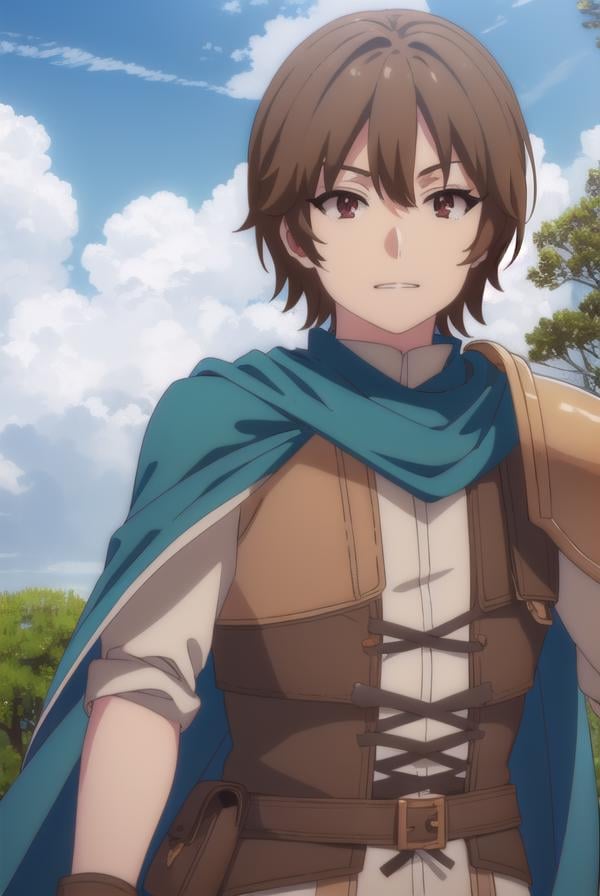 keyaru, <lora:keyaru s1-lora-nochekaiser:1>,keyaru, short hair, (brown eyes:1.5), brown hair, male focus, smile, grin,BREAK cape, armor,BREAK outdoors, forest, nature, grass, trees, sun, sky, clouds,BREAK looking at viewer, (cowboy shot:1.5),BREAK <lyco:GoodHands-beta2:1>, (masterpiece:1.2), best quality, high resolution, unity 8k wallpaper, (illustration:0.8), (beautiful detailed eyes:1.6), extremely detailed face, perfect lighting, extremely detailed CG, (perfect hands, perfect anatomy),