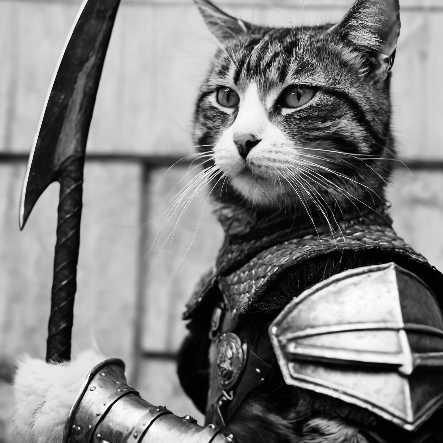 smirk, [designed by Andrey Remnev and Jan Pietersz Saenredam::14], renaissance art, Cosplay Photograph, Viking Warrior Cat, wearing Breathtaking warrior outfit, holding an axe, Fast Shutter Speed, Fujifilm Neopan 100, Depth of field 100mm, aw0k cat