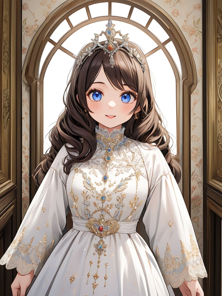 (masterpiece), (best quality), (extremely detailed), (1girl), solo, (pretty cute girl), looking at viewer, smile, slender, evenly sized eyes, extremely detailed eyes, white dress, tiara, upper body, whole body, medieval classical room, indoors, extremely detailed wallpaper, (completely detailed features), 16k<lora:EMS-460859-EMS:0.900000>